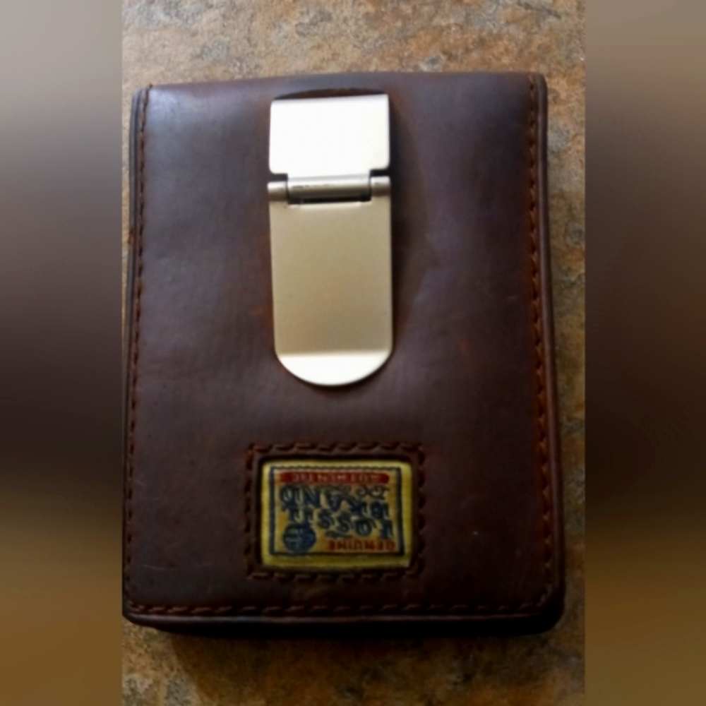 Fossil Brown Leather Money Clip Wallet - vintage
